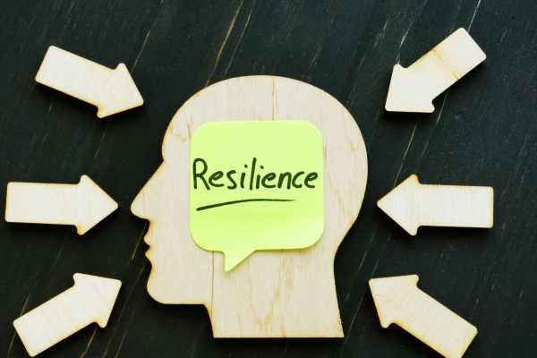 An image of a flat wooden head with a post it and the word resilience on it